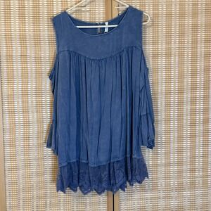 Pink Blush Womens 2X Tunic Cold Shoulder Lace Long Sleeves Blue Boho Fairycore